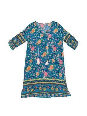 Halife Floral Boho Tassel Dress Size M – Blue Multicolor Tunic Shift